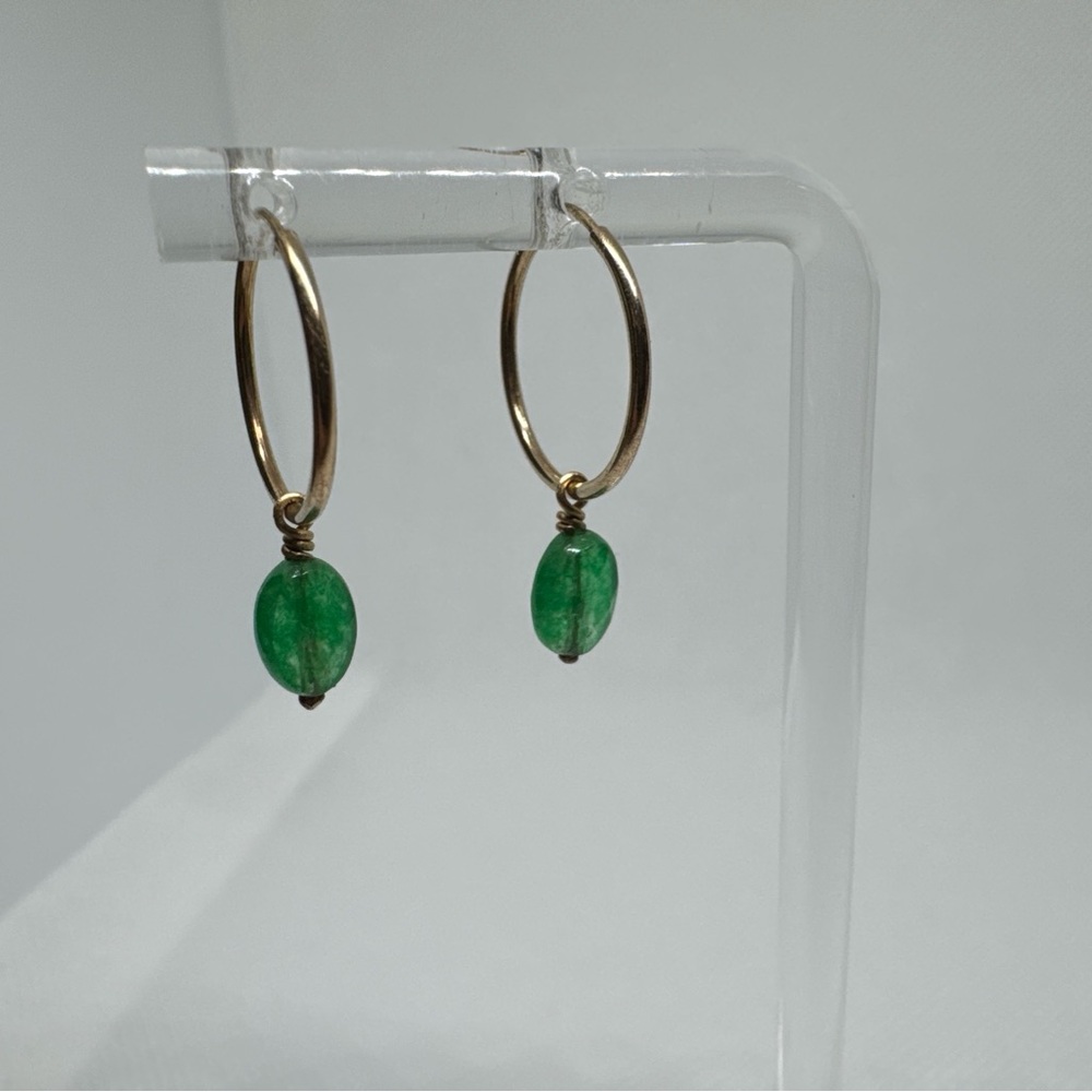 10k Yellow Gold Hoop Tube Earrings with Dangling Emerald Enhancers Green Stones